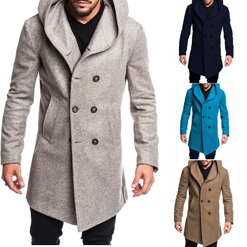 Mænd Mode Lang Trench Coat Fleece Hætte Yderjakke