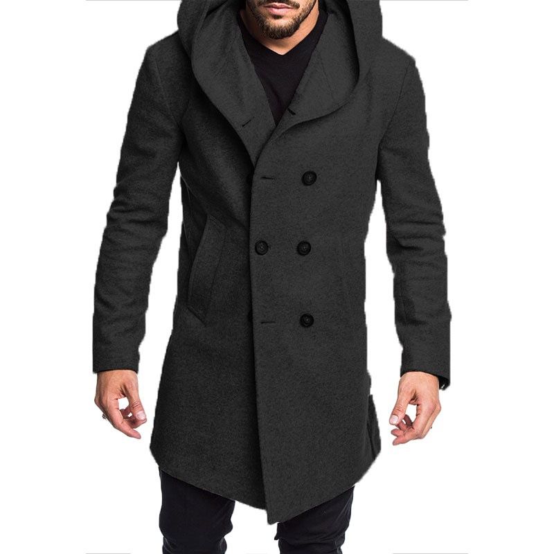 Mænd Mode Lang Trench Coat Fleece Hætte Yderjakke