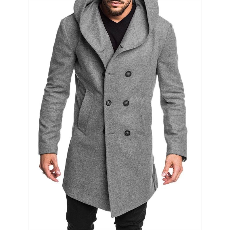 Mænd Mode Lang Trench Coat Fleece Hætte Yderjakke