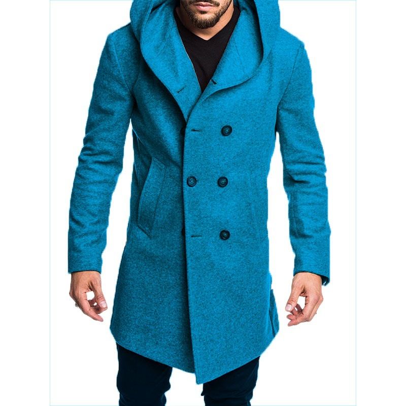 Mænd Mode Lang Trench Coat Fleece Hætte Yderjakke