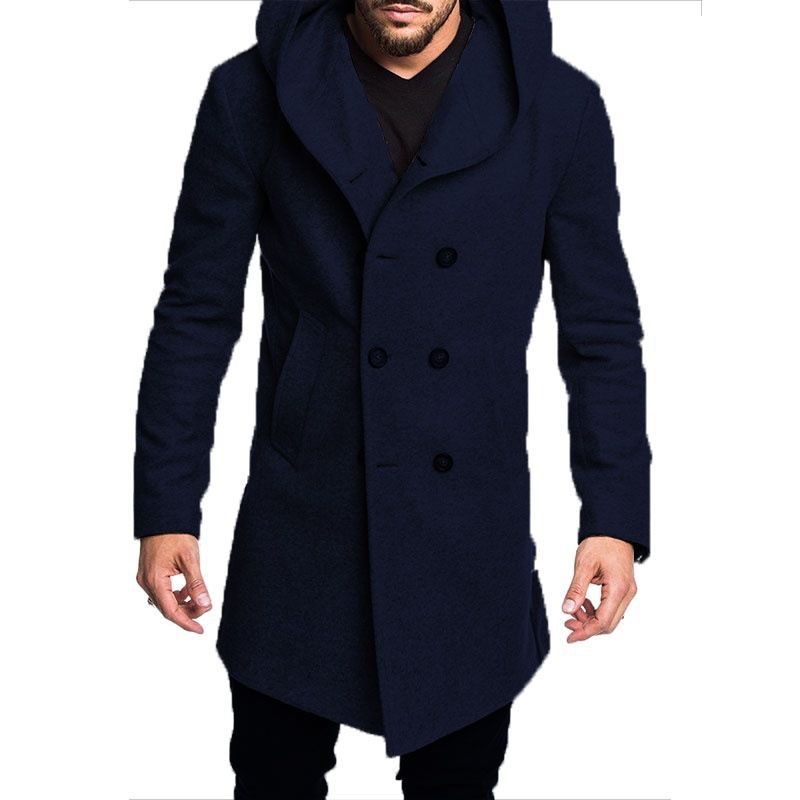 Mænd Mode Lang Trench Coat Fleece Hætte Yderjakke