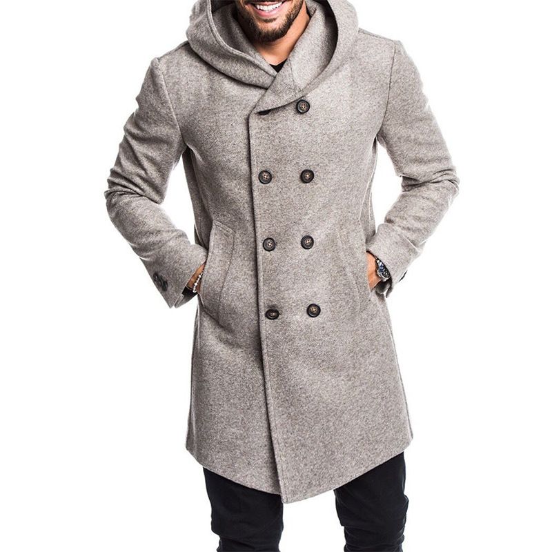 Mænd Mode Lang Trench Coat Fleece Hætte Yderjakke