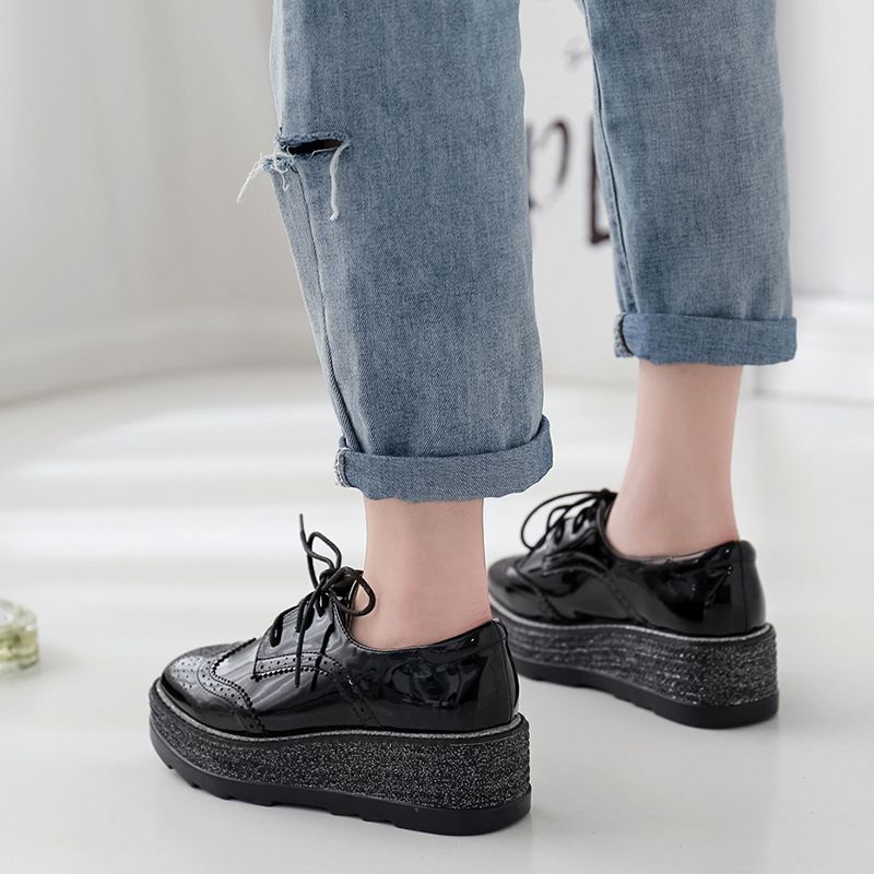 Mode Brogues Graveret Kjole Sko Snøre-up Platform Sko Wedge Flats Casual Sko