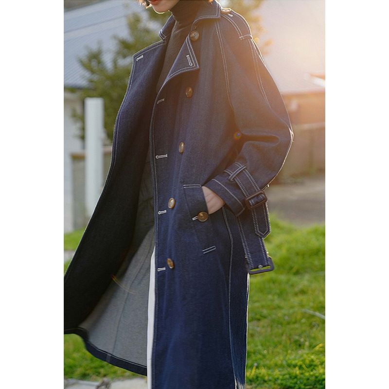 Retro Denim Trenchcoat Til Kvinder 2023 Lang Frakke Trend