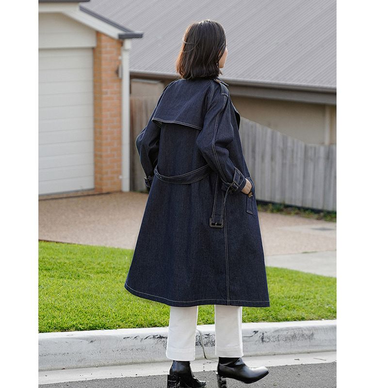 Retro Denim Trenchcoat Til Kvinder 2023 Lang Frakke Trend