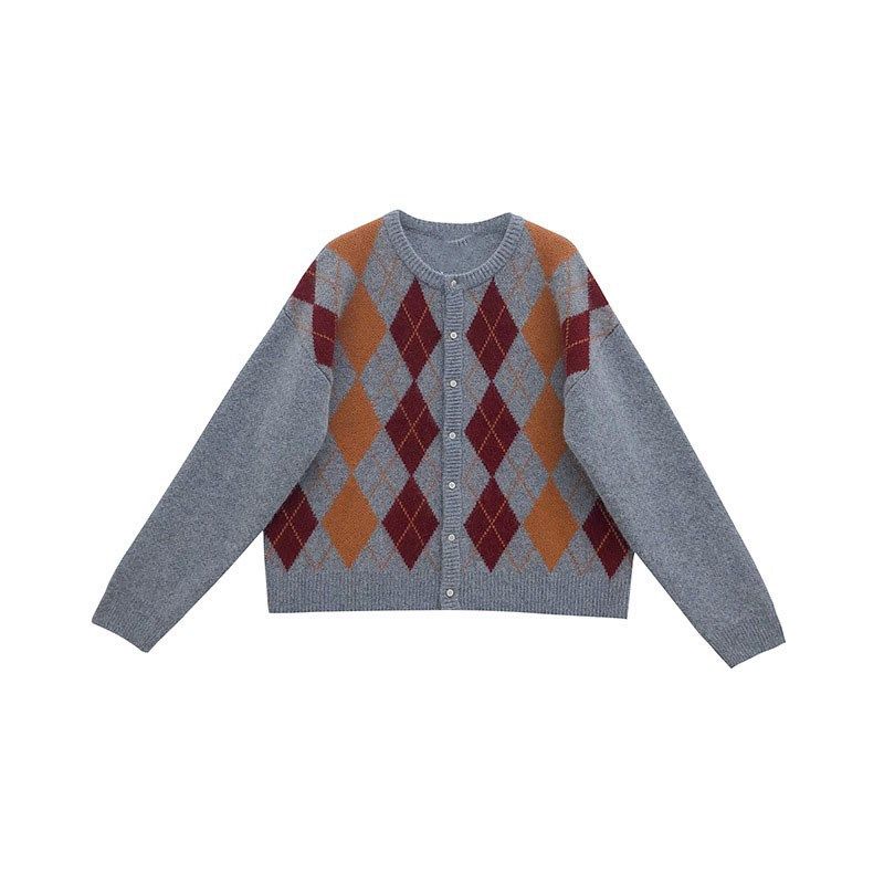 Retro Rhombus Sweater Cardigan Jakke Dame Kort Løst Strik Trend