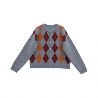 Retro Rhombus Sweater Cardigan Jakke Dame Kort Løst Strik Trend