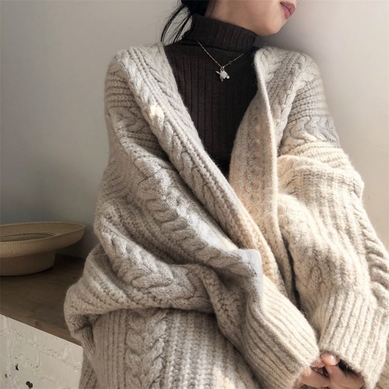 Strikket Cardigan Retro Sweaterjakke Til Kvinder Damemode Fortykket Løs Snoet Lang Sektion