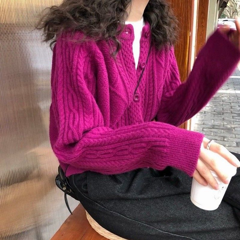 Strikket Sweater Cardigan Kvinder Løs Frakke Rund Hals Kort Sektion