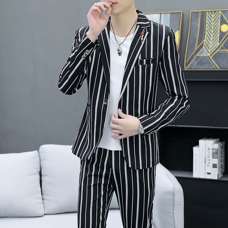 Suits Mænd Stripes Youth Casual Todelt Jakkesæt Slim Fit Jakker