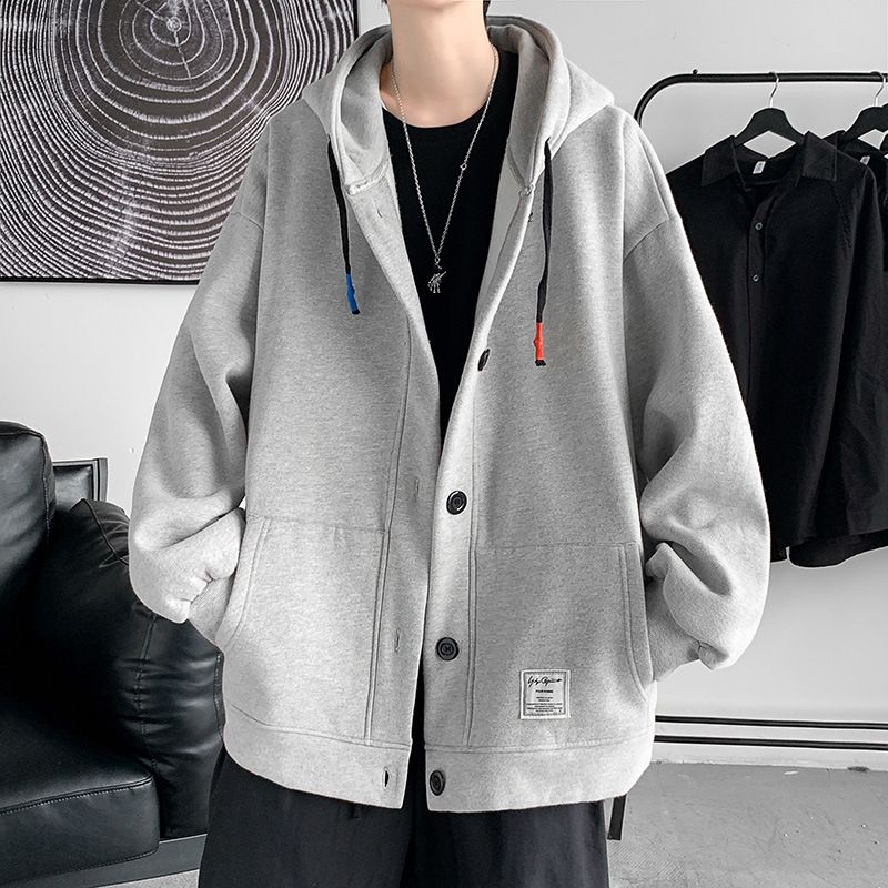 Sweatshirt Cardigan Mænds College Hooded Single Breasted Ensfarvet