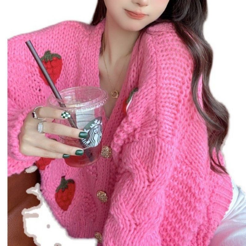 Sweet Strawberry Sweater Fortykket Cardiganjakke Dame Løs Uld Strikket Top