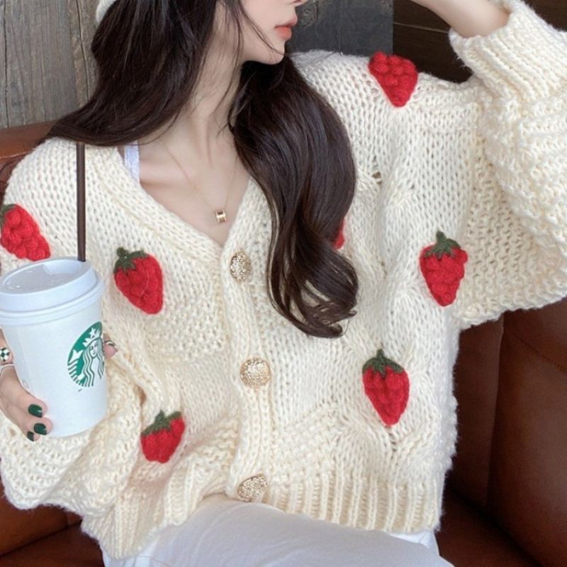 Sweet Strawberry Sweater Fortykket Cardiganjakke Dame Løs Uld Strikket Top