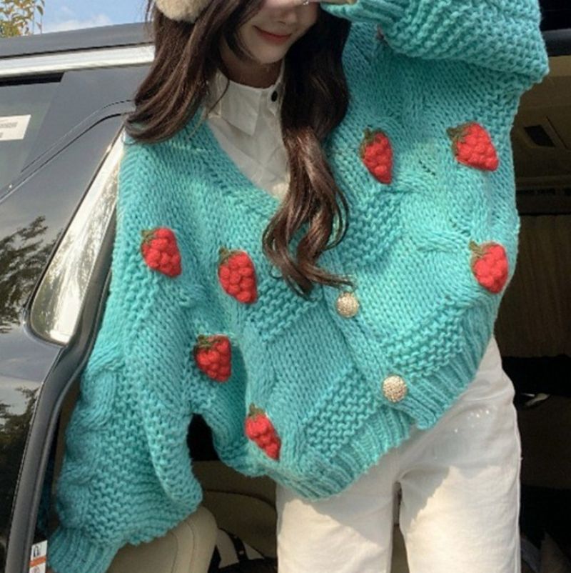 Sweet Strawberry Sweater Fortykket Cardiganjakke Dame Løs Uld Strikket Top