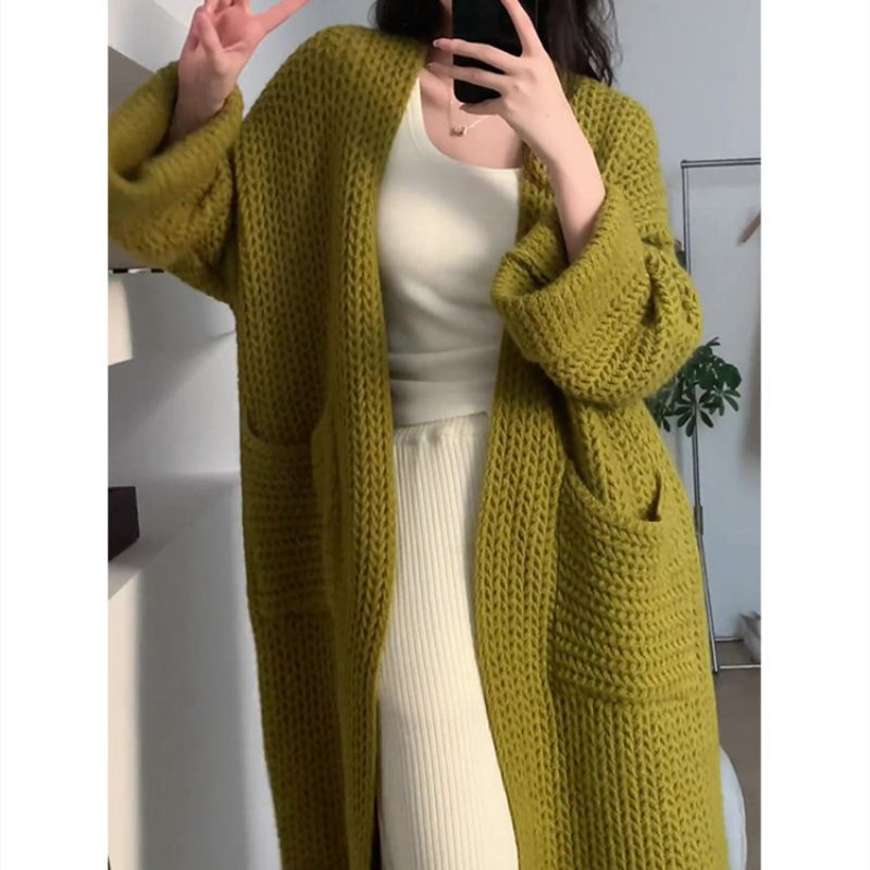 Tyk Sweater Løs Cardigan Frakke Langærmet Kvindelig Lang Sektion