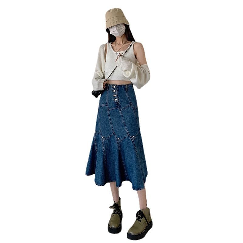 2023 Retro Blue Mermaid Skirt Denim Nederdel Pakke Hofte Høj Talje