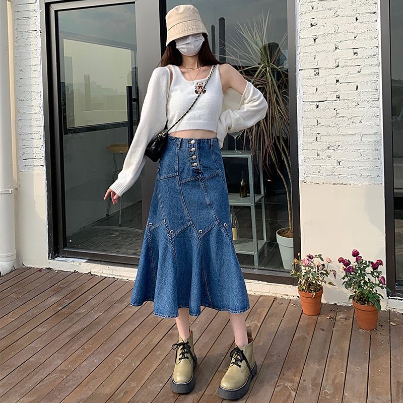 2023 Retro Blue Mermaid Skirt Denim Nederdel Pakke Hofte Høj Talje