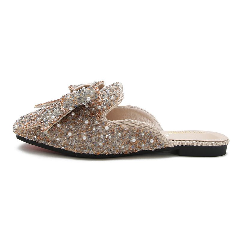 Baotou Hjemmesko Dame Sommermode Rhinestone Sandaler Sko Flad Bund Stor Størrelse Damesko 41-43