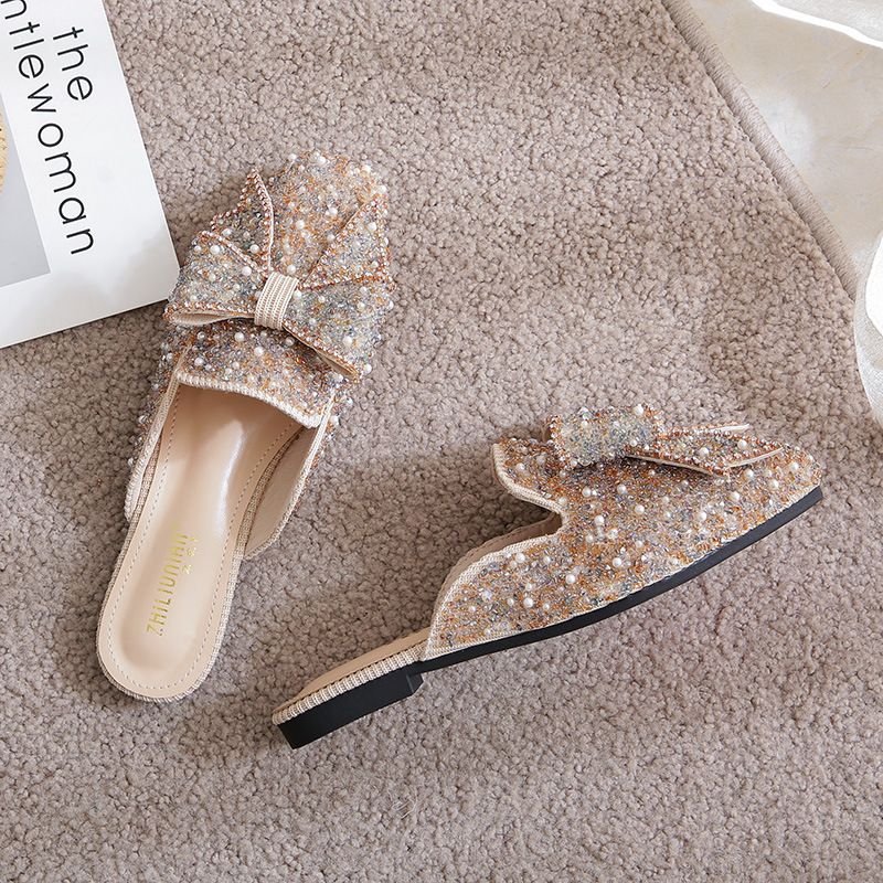 Baotou Hjemmesko Dame Sommermode Rhinestone Sandaler Sko Flad Bund Stor Størrelse Damesko 41-43