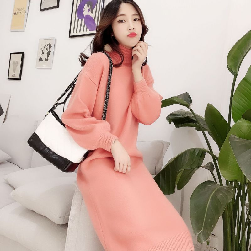 Candy Color Lantern Sleeve Sweater Dress Ensfarvet Fashion Base