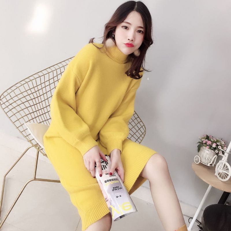 Candy Color Lantern Sleeve Sweater Dress Ensfarvet Fashion Base