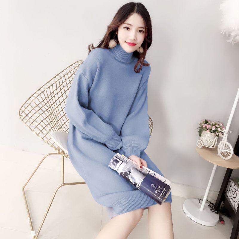 Candy Color Lantern Sleeve Sweater Dress Ensfarvet Fashion Base