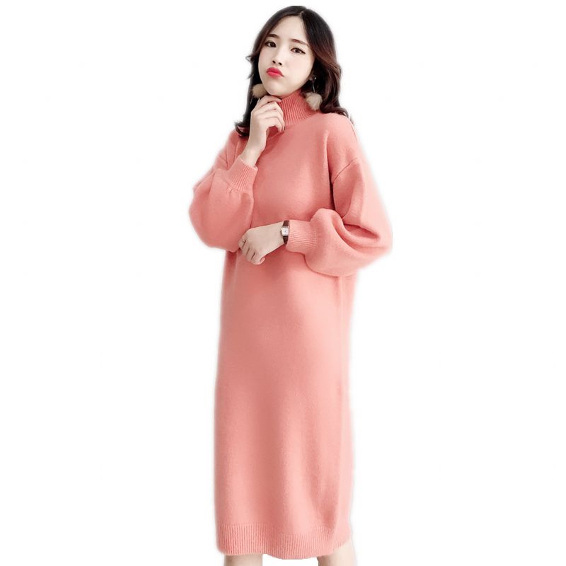 Candy Color Lantern Sleeve Sweater Dress Ensfarvet Fashion Base