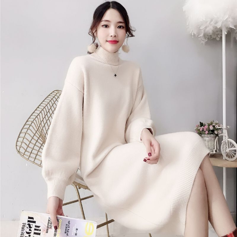 Candy Color Lantern Sleeve Sweater Dress Ensfarvet Fashion Base