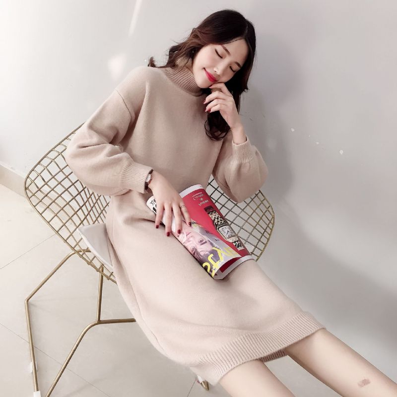 Candy Color Lantern Sleeve Sweater Dress Ensfarvet Fashion Base