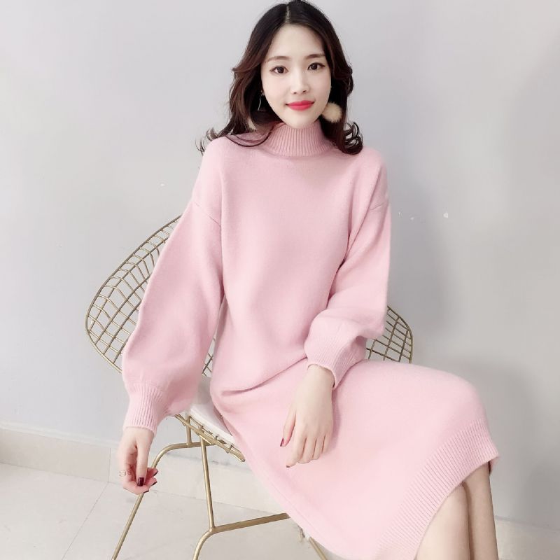 Candy Color Lantern Sleeve Sweater Dress Ensfarvet Fashion Base