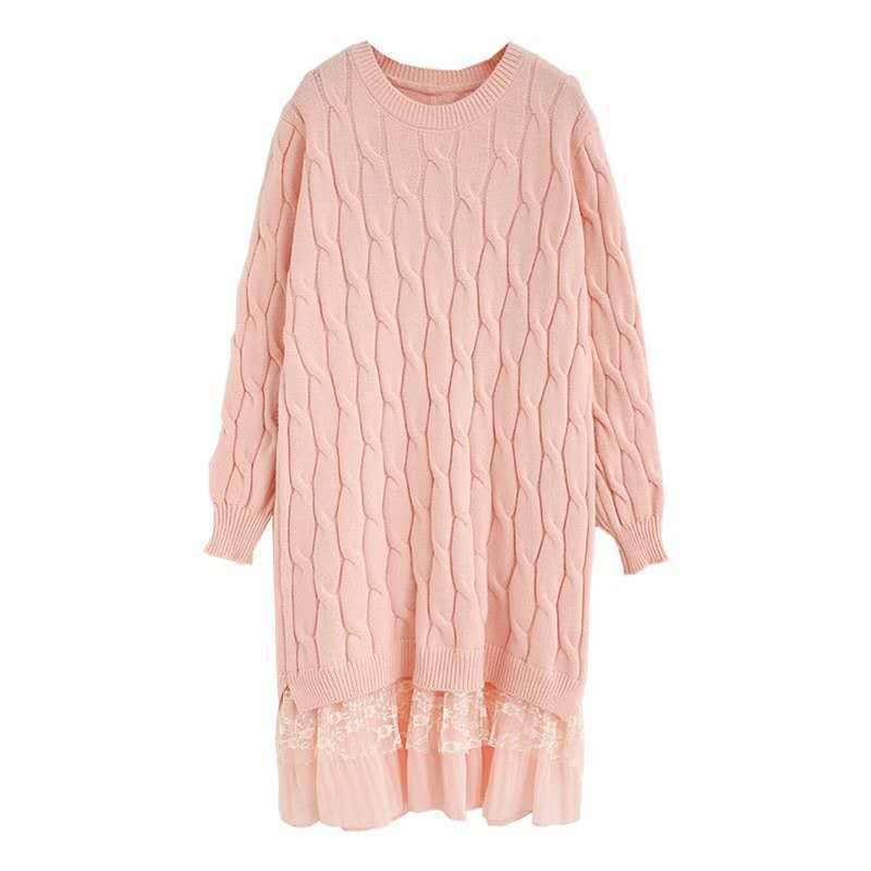 Kvinders Mellemlange Blondekantkjole Ensfarvet Twist Pullover Strikket Sweater