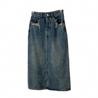 Pocket Back Slit Denim Nederdel Kvinder Højtalje Mid Længde