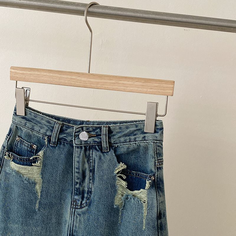 Pocket Back Slit Denim Nederdel Kvinder Højtalje Mid Længde