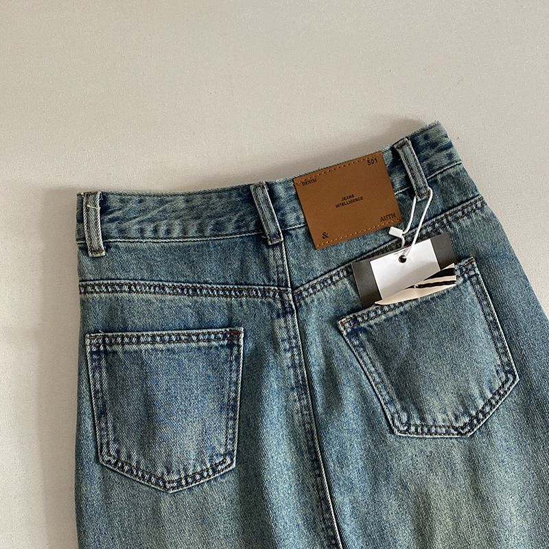 Pocket Back Slit Denim Nederdel Kvinder Højtalje Mid Længde