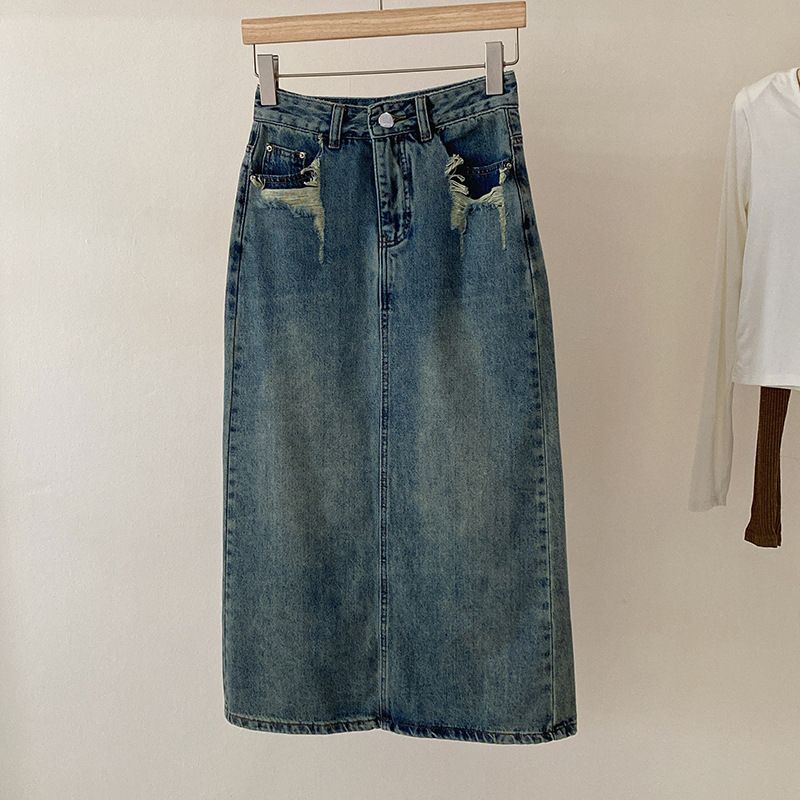 Pocket Back Slit Denim Nederdel Kvinder Højtalje Mid Længde