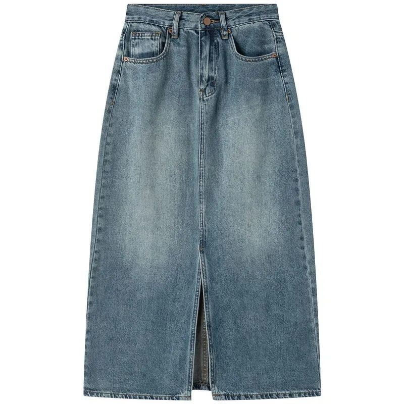 Retro Denimnederdel Til Kvinder I Mellemlang Højtaljeslidsslidsslot