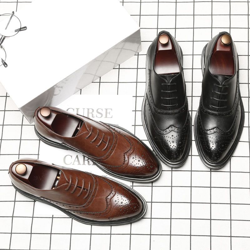 Spring Brogue Sko Herresko Forår Trend Sko Casual Business Dress Sko Herre Spidstå Sorte Bryllupssko