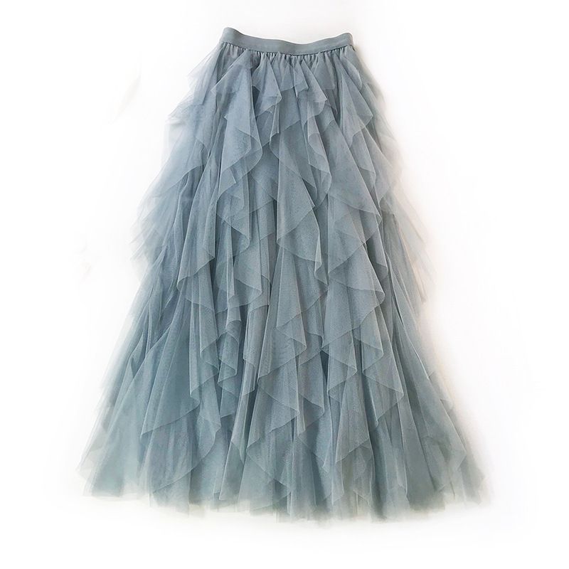 Wave Uregelmæssig Layered Cake Skirt Mesh Puffy Højtaljet Lang Nederdel