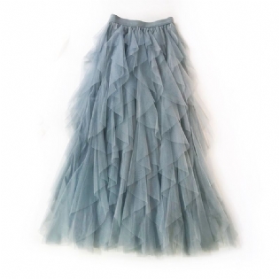 Wave Uregelmæssig Layered Cake Skirt Mesh Puffy Højtaljet Lang Nederdel