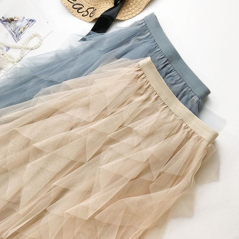 Wave Uregelmæssig Layered Cake Skirt Mesh Puffy Højtaljet Lang Nederdel