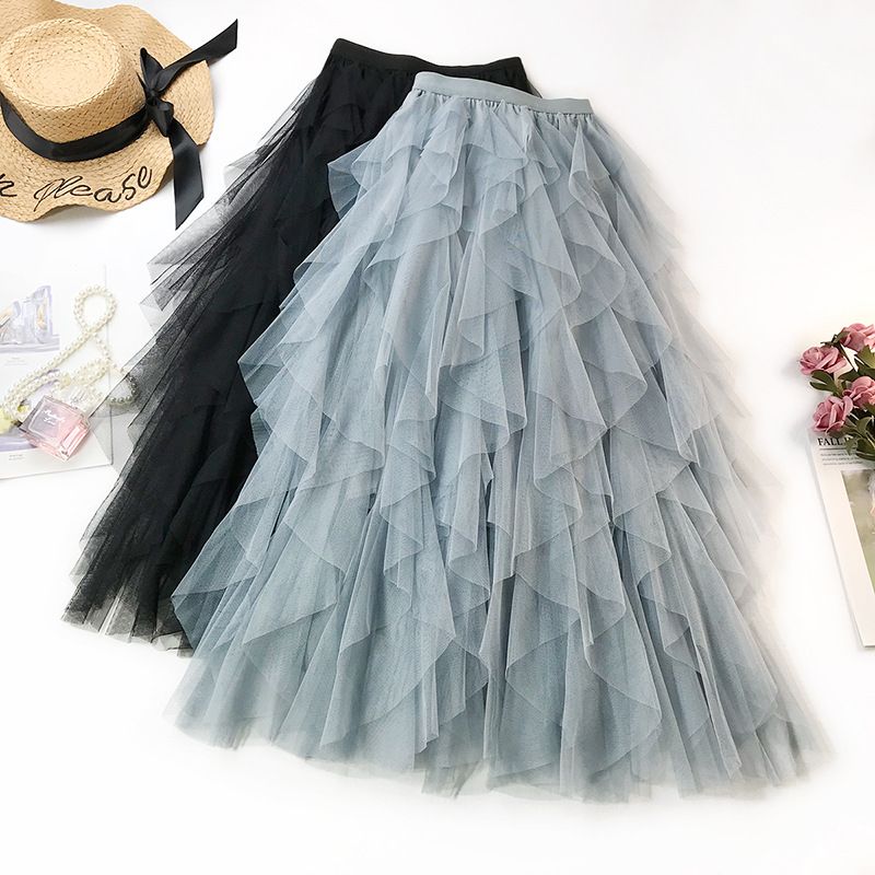 Wave Uregelmæssig Layered Cake Skirt Mesh Puffy Højtaljet Lang Nederdel