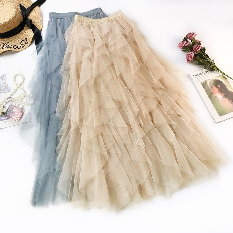 Wave Uregelmæssig Layered Cake Skirt Mesh Puffy Højtaljet Lang Nederdel