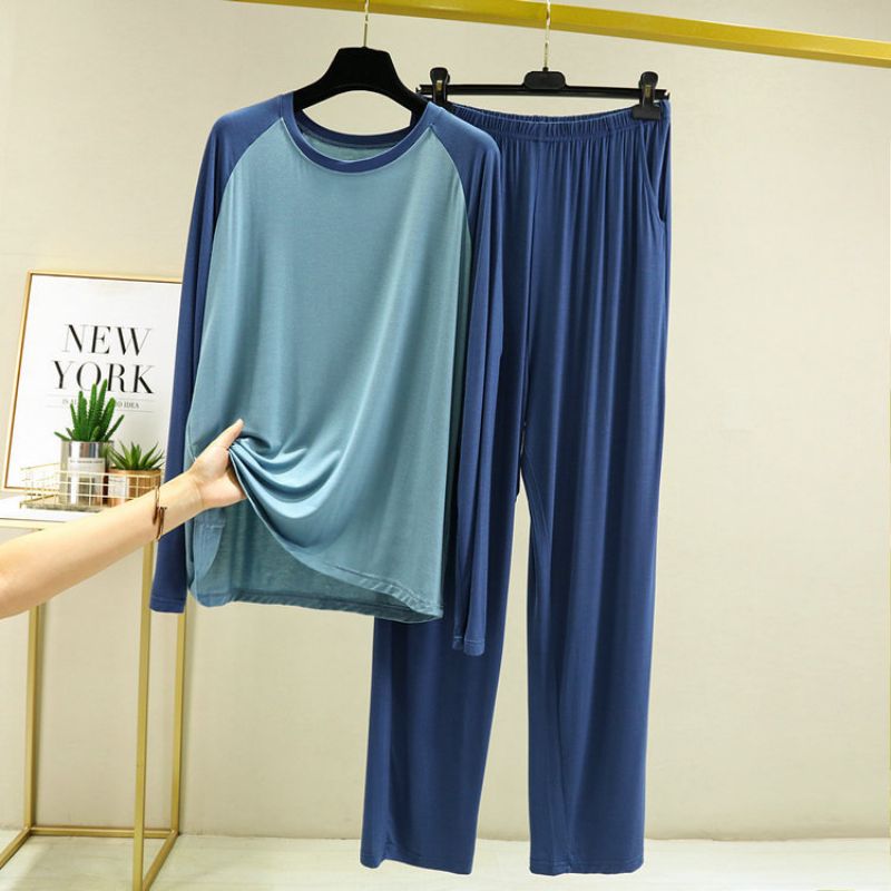 Mænds Pyjamas Stretch Farve Matchende Bukser Lange Ærmer Rund Hals Pullover Homewear