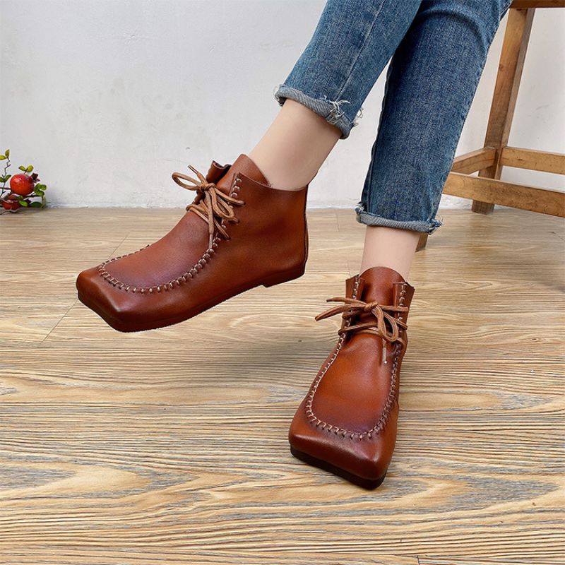 2023 Autumn New Square Toe Front Snørebånd Ensfarvet Syning Lav Top Retro Low Cut Tassel Støvler